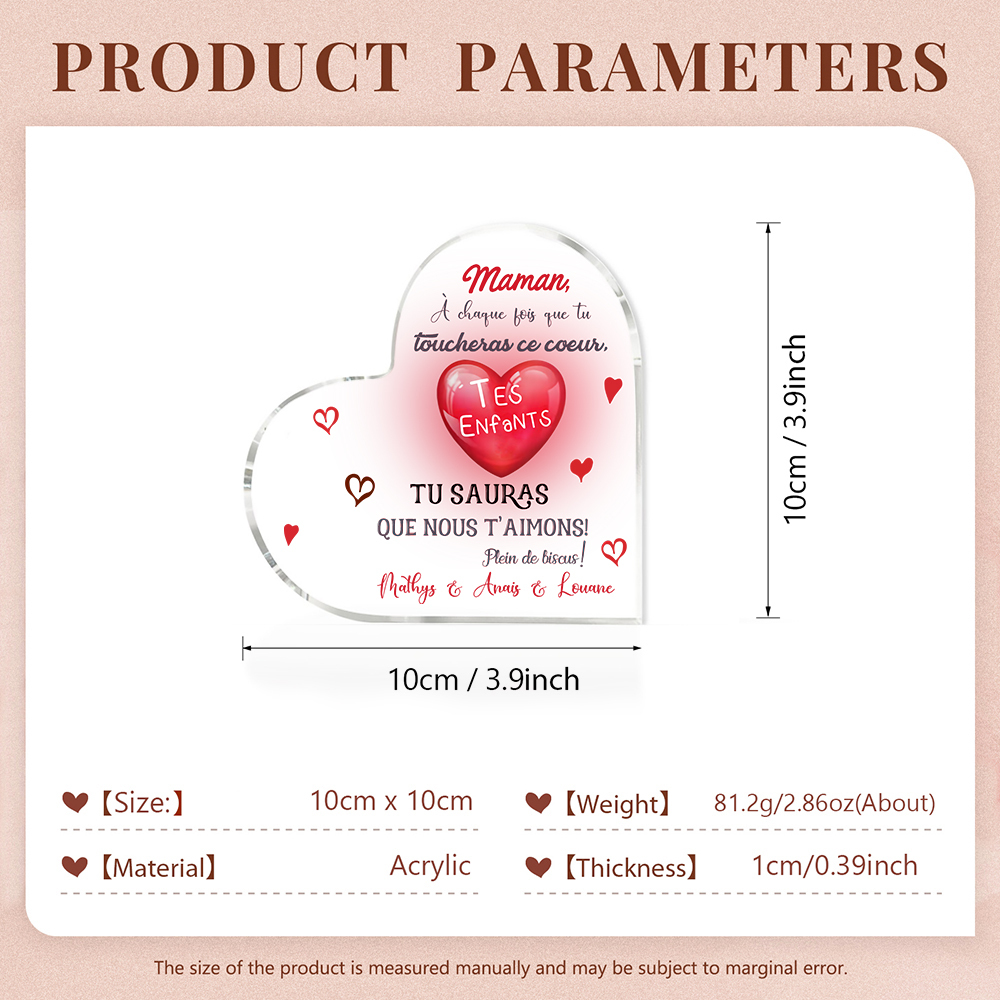 À ma Maman - Plaque Acrylique en Forme de Cœur 1 Texte Personnalisé 