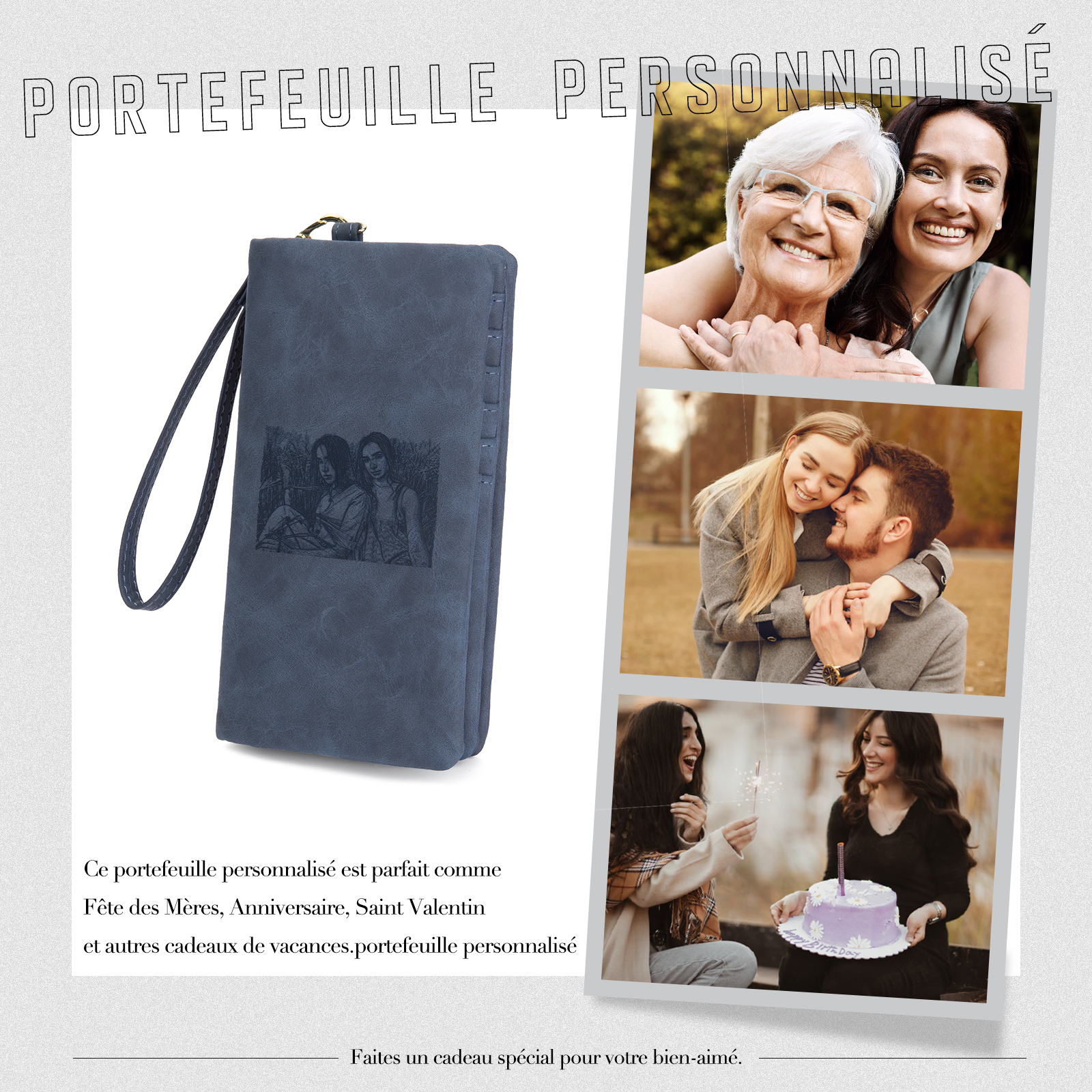 Portefeuille long en cuir PU personnalisé 1 photos avec texte et date