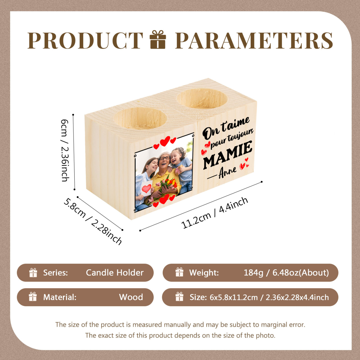 À Ma Mamie - Bougeoir en Bois 1 Prénom et Photo Personnalisés sans bougie