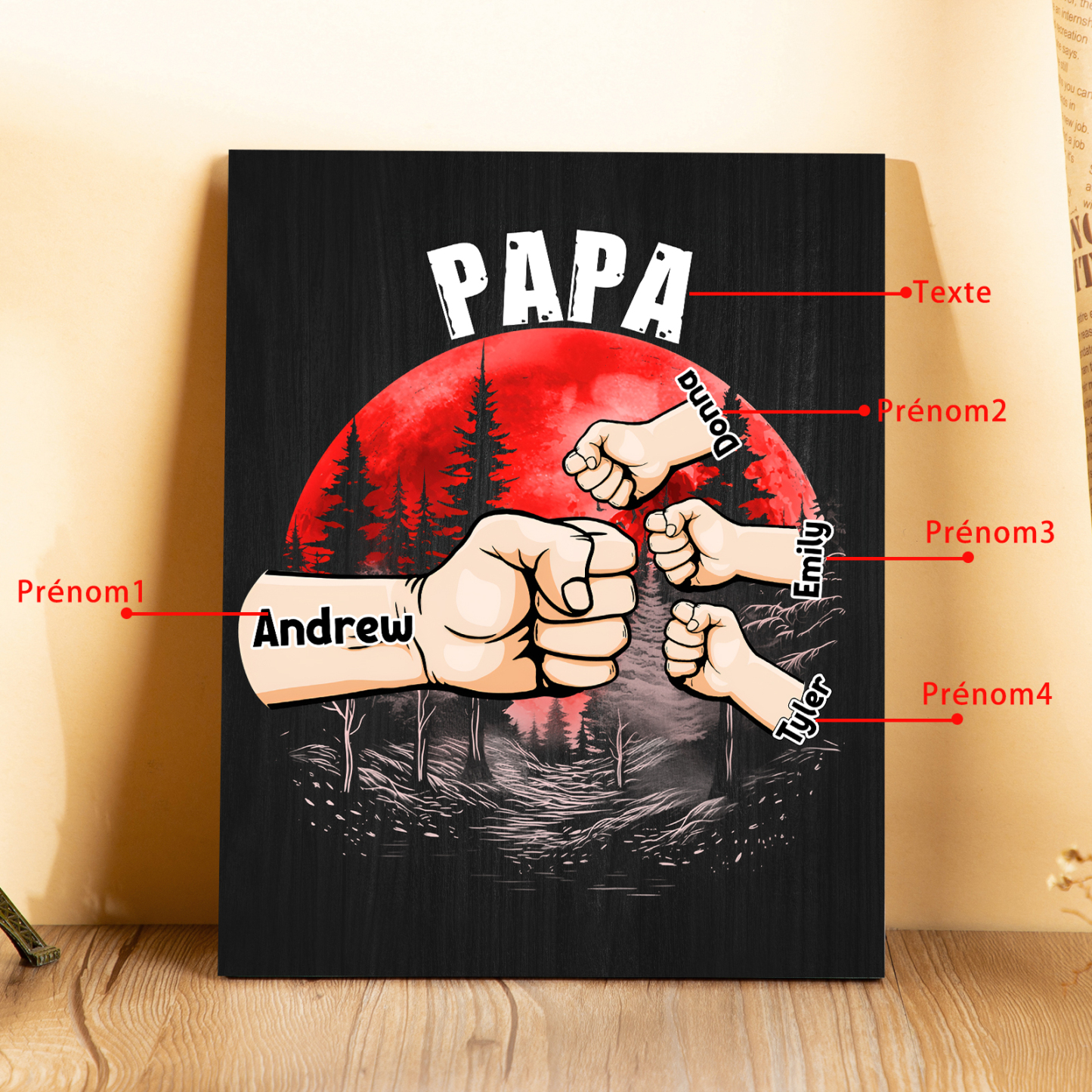 À Mon Papa/Papi-Cadre en Bois Poings 4 Prénoms Personnalisés avec Texte