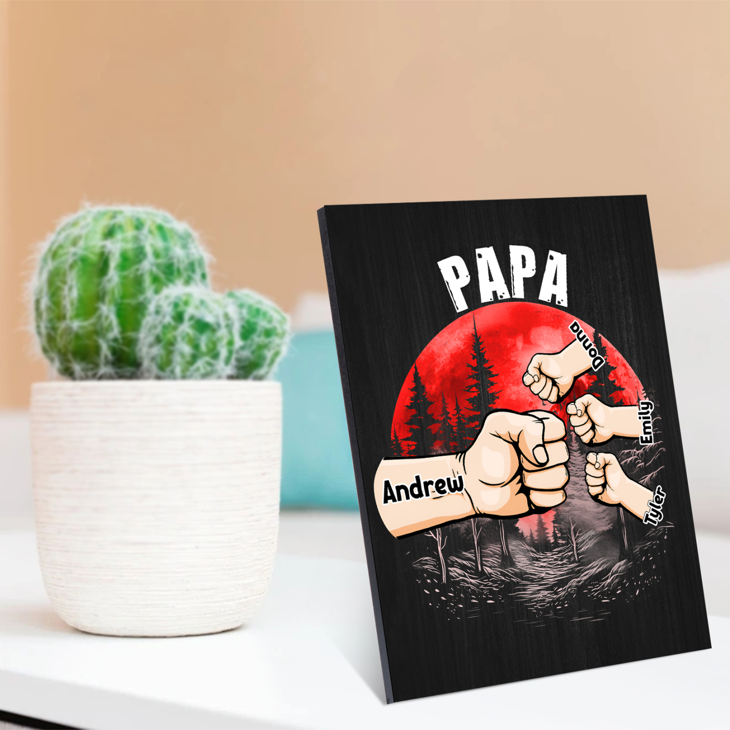 À Mon Papa/Papi-Cadre en Bois Poings 4 Prénoms Personnalisés avec Texte