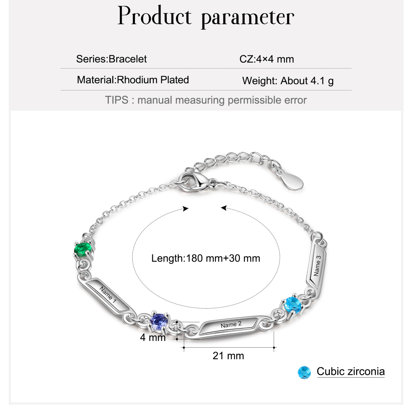 Bracelet 3 Prénoms Personnalisés avec 3 Pierres de Naissance