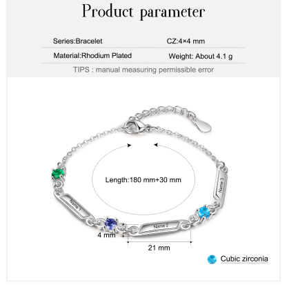Bracelet 3 Prénoms Personnalisés avec 3 Pierres de Naissance