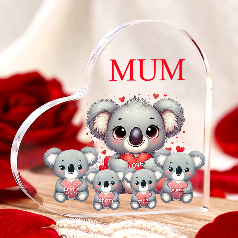 À ma Maman/Mamie - Plaque Acrylique en Forme de Cœur Koala 4 Prénoms Personnalisés avec 1 Texte