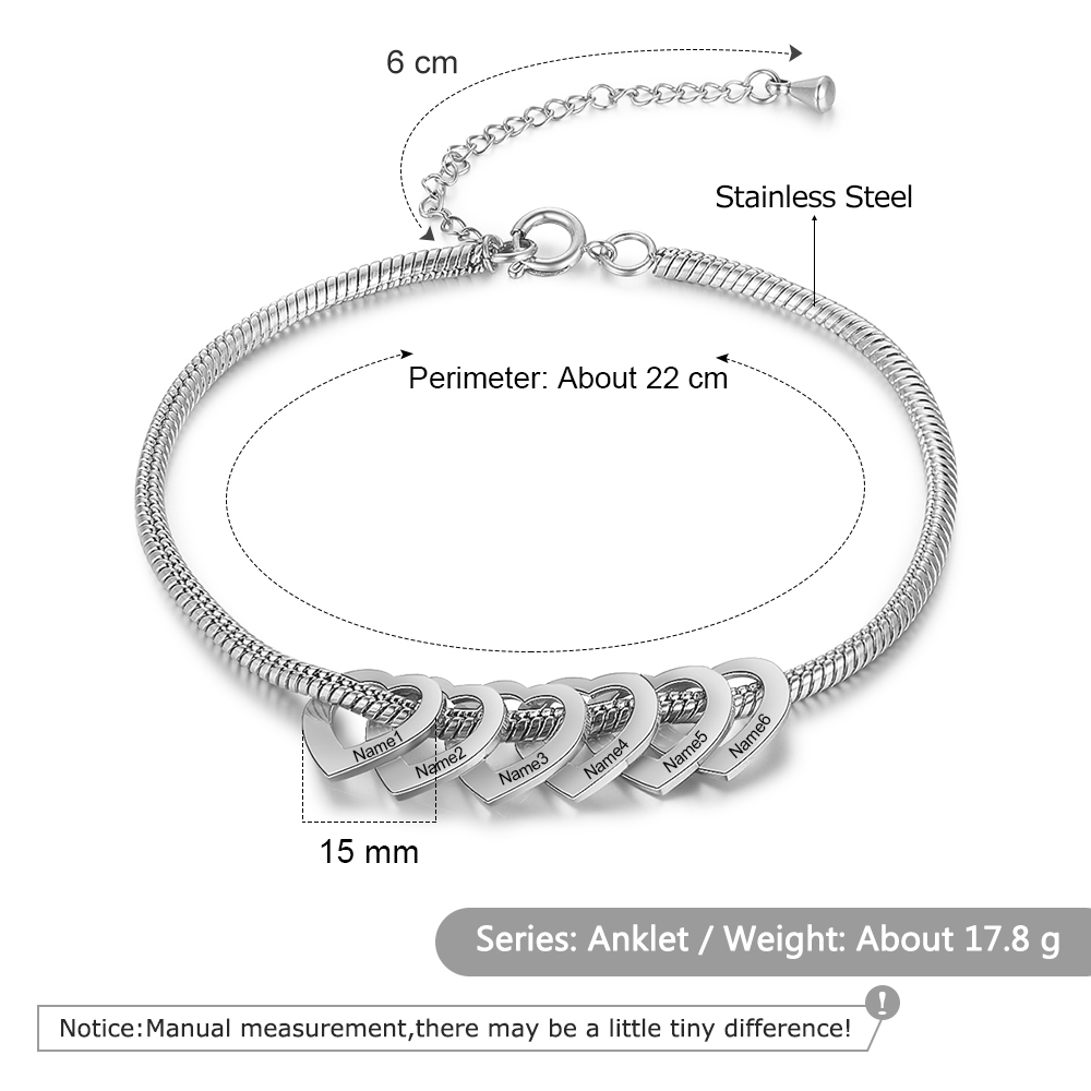 Bracelet Cheville Réglable Prénom Personnalisés Pour Femmes Avec 6 Pendentif Coeur