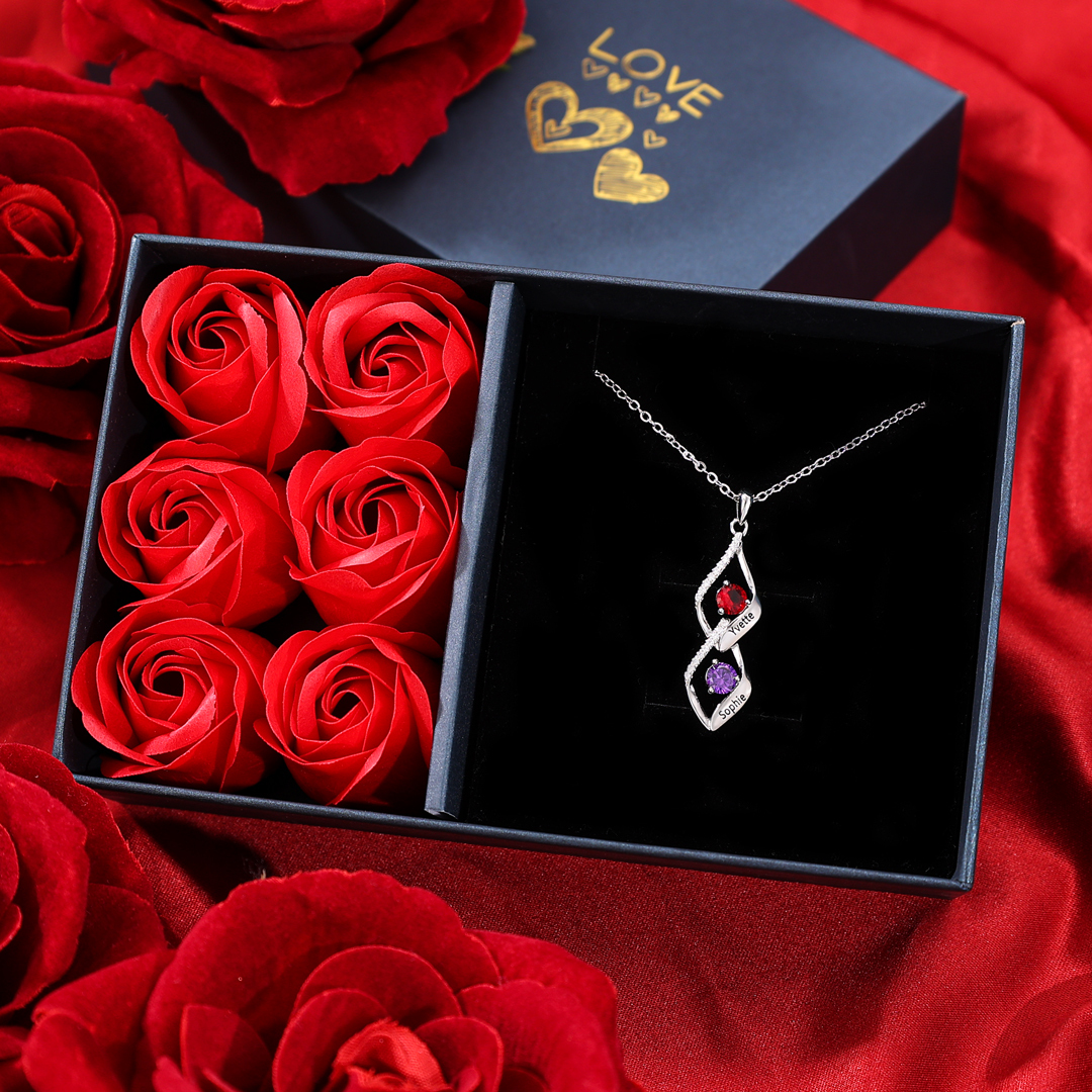Collier Pendentif infini 2 Prénoms Personnalisés avec Pierre de naissance pour Femmes | Jessemade