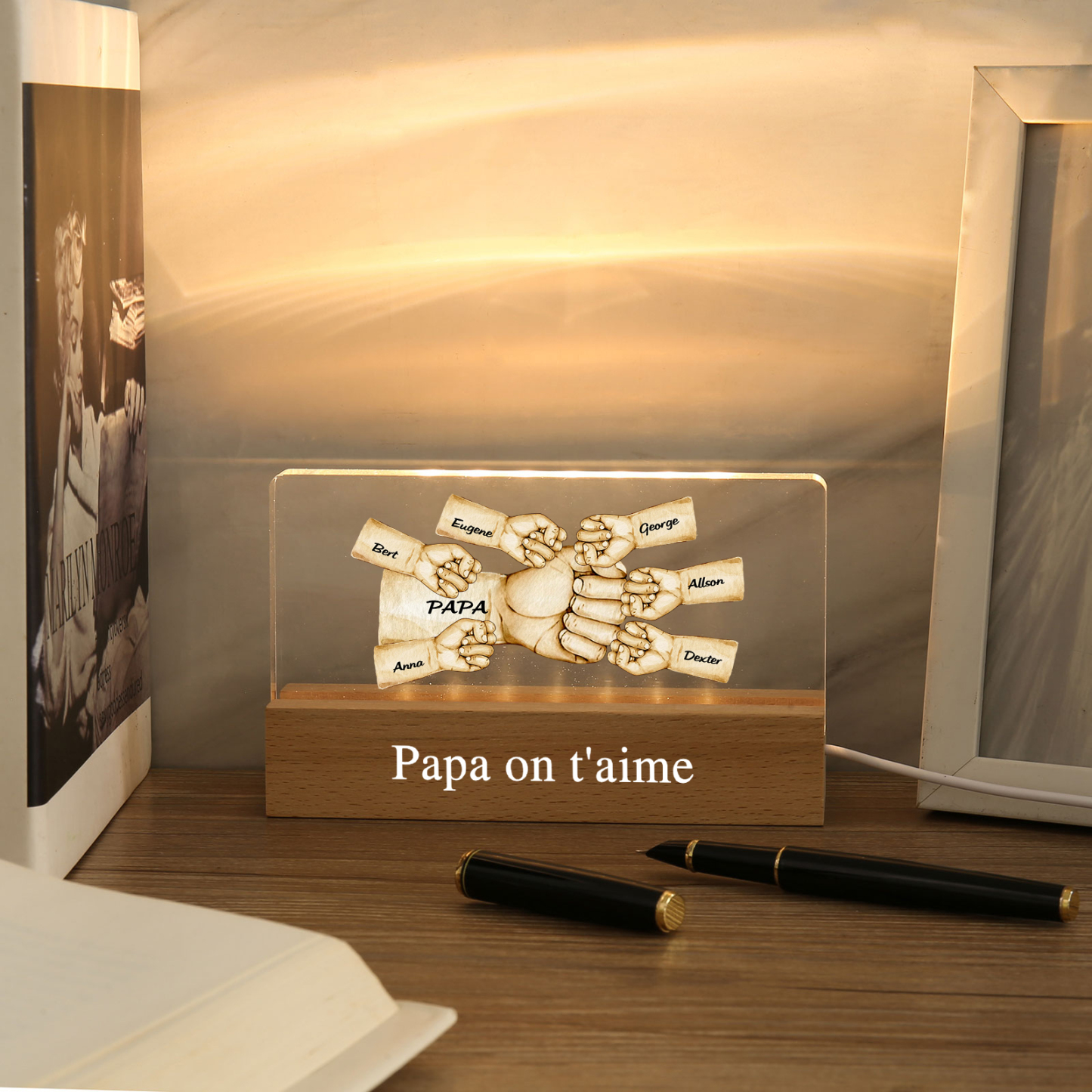 À mon Papa/Papi- Lampe de chevet LED Poings 7 Prénoms Personnalisés avec Texte