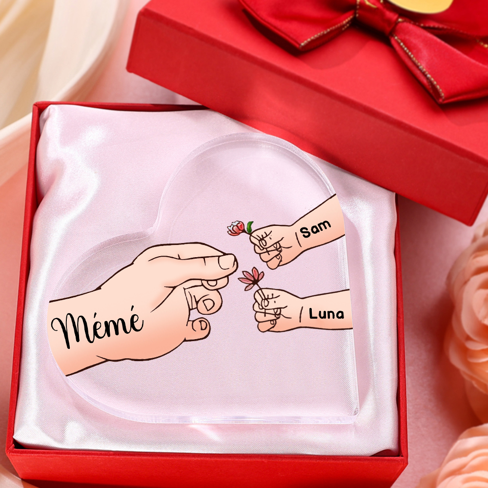 À ma Maman/Mamie - Plaque Acrylique Mains et Enfants en Forme de Cœur 3 Prénoms Personnalisés