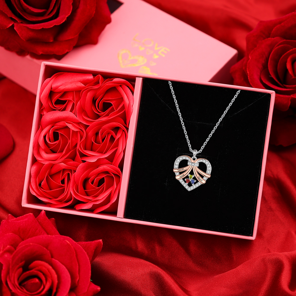 Collier personnalisé en forme de cœur avec pierres de naissance et 3 prénoms gravés Collier Personnalisé Femme｜Jessemade