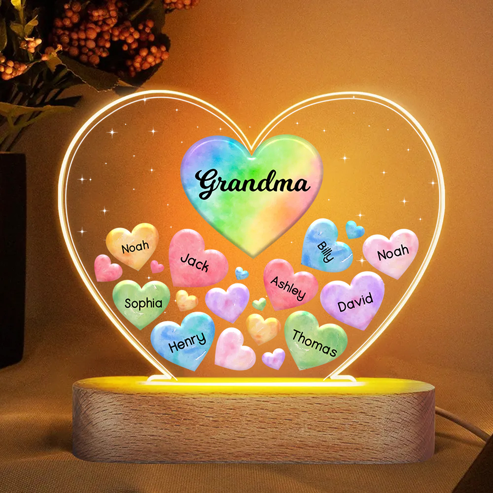 À Maman/Mamie - Lampe de chevet LED Cœurs 9 Prénoms Personnalisés avec 1 Texte
