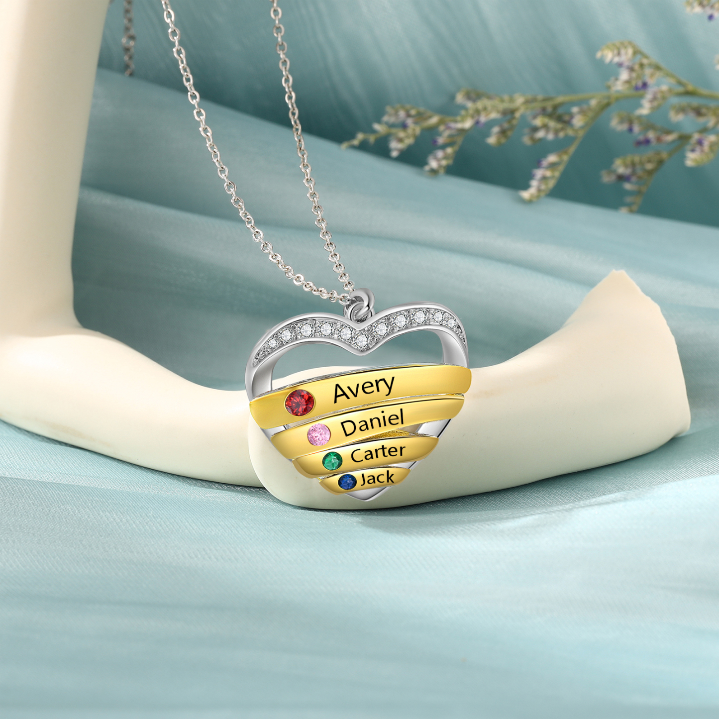 Collier Pendentif Cœur 4 Prénoms Personnalisés avec Pierre de Naissance Collier Femmes