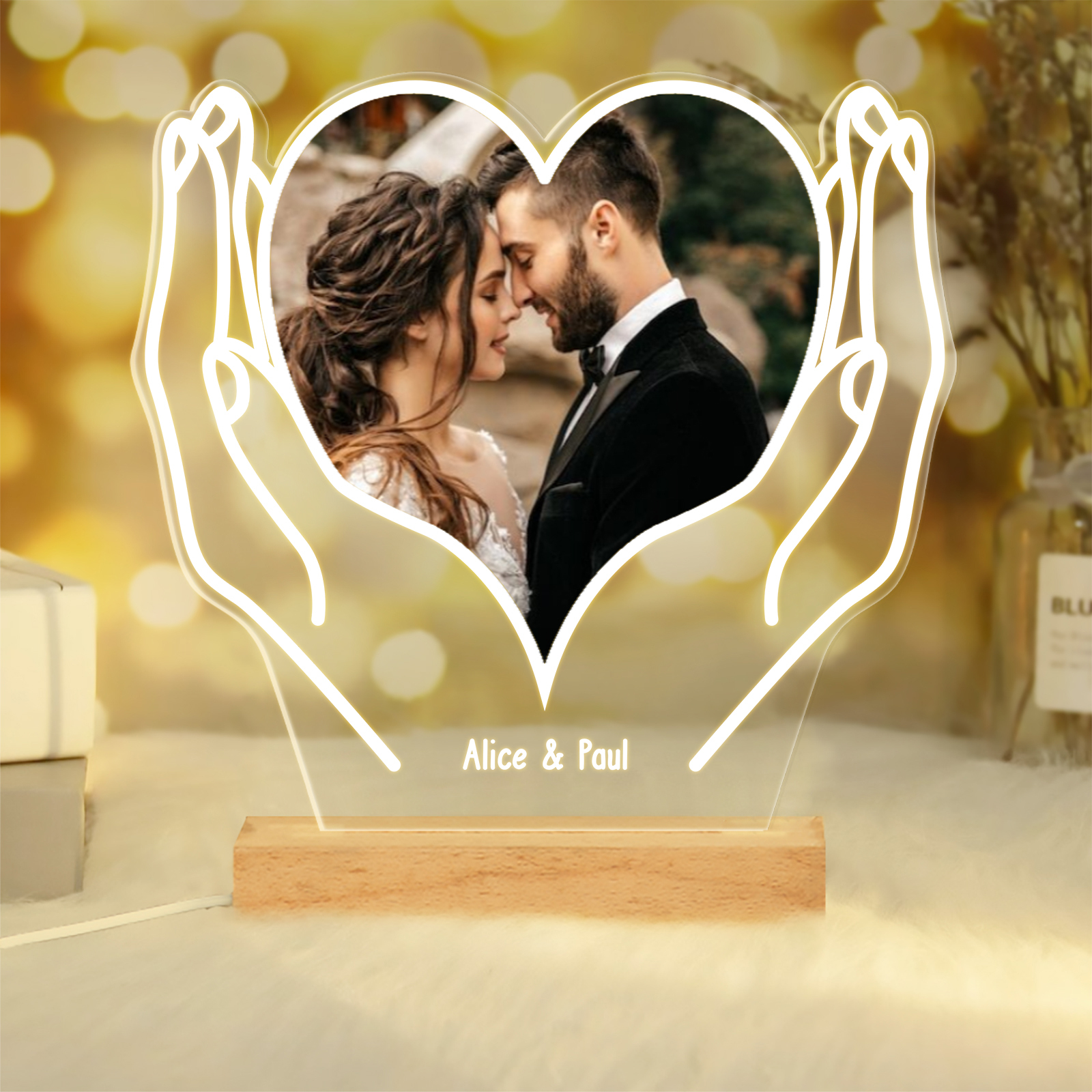 Lampe de chevet Couple LED Lumières 2 Prénoms et 1 Photo Personnalisés