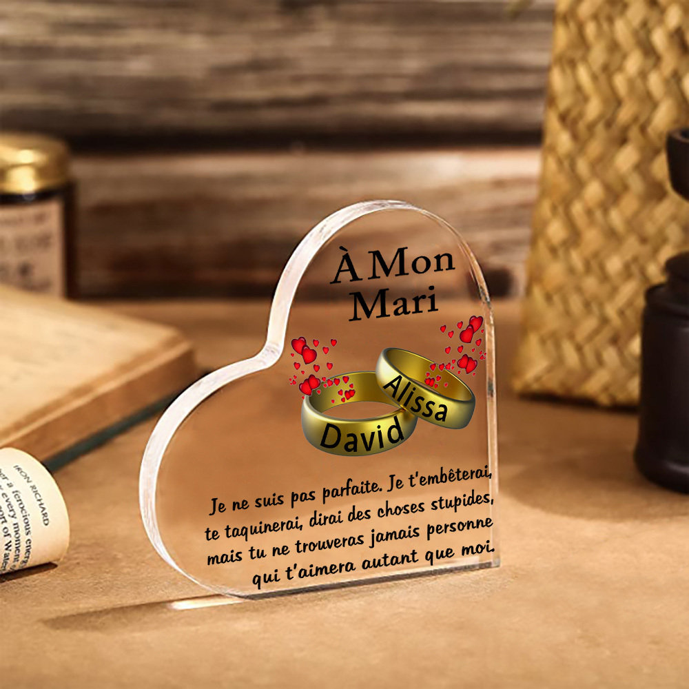À Mon Mari-Plaque Acrylique en Forme de Cœur 2 Prénoms Personnalisés