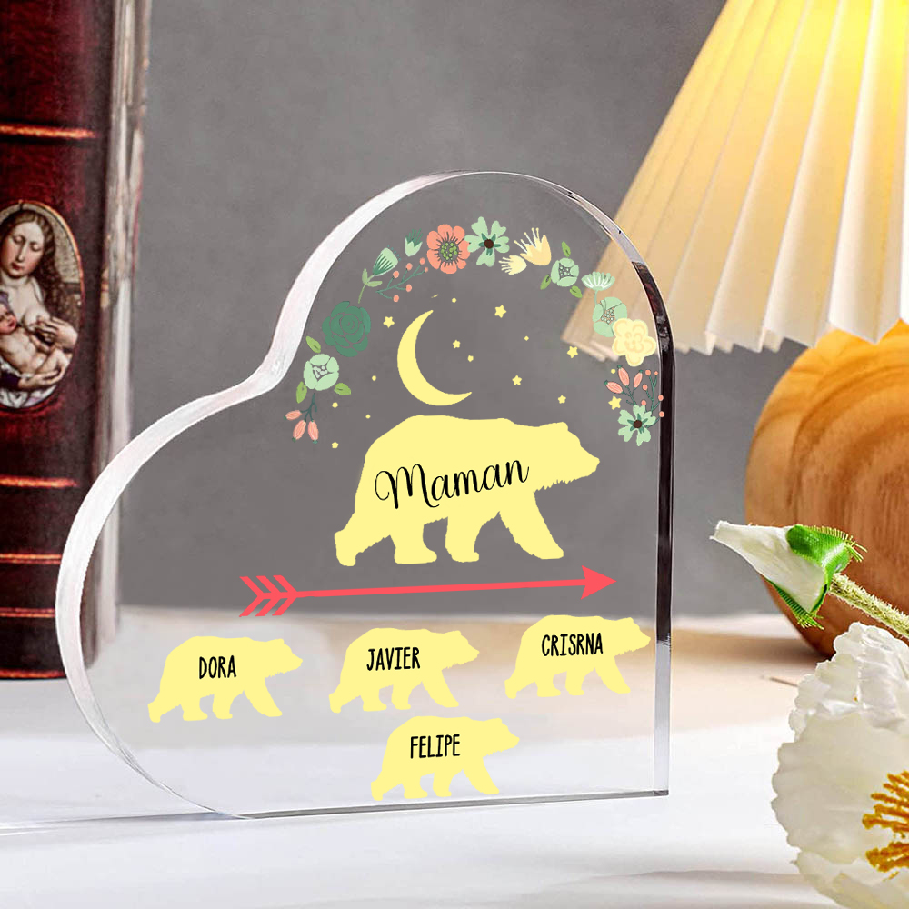 À ma Maman - Plaque Acrylique en Forme de Cœur Ours 4 Prénoms Personnalisés