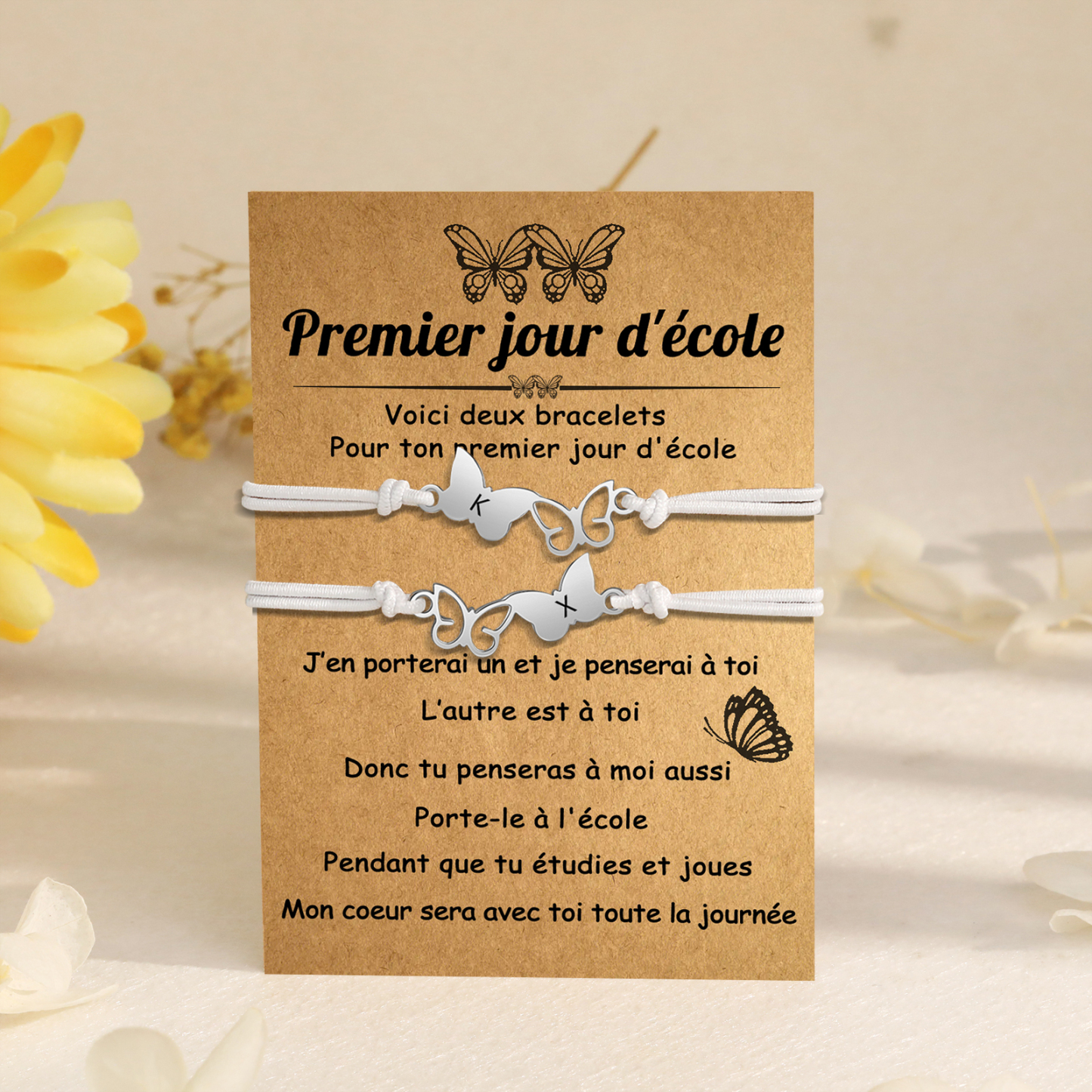 2PCS Bracelet Initiale Papillons 2 Lettres Personnalisées Corde élastiques Cadeau Rentrée Scolaire Premier jour d’école｜Jessemade