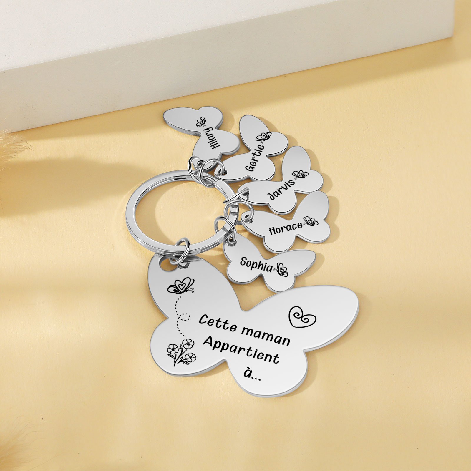 À Maman/Mamie - Porte-Clés Papillon 5 Prénoms Personnalisés avec Texte 