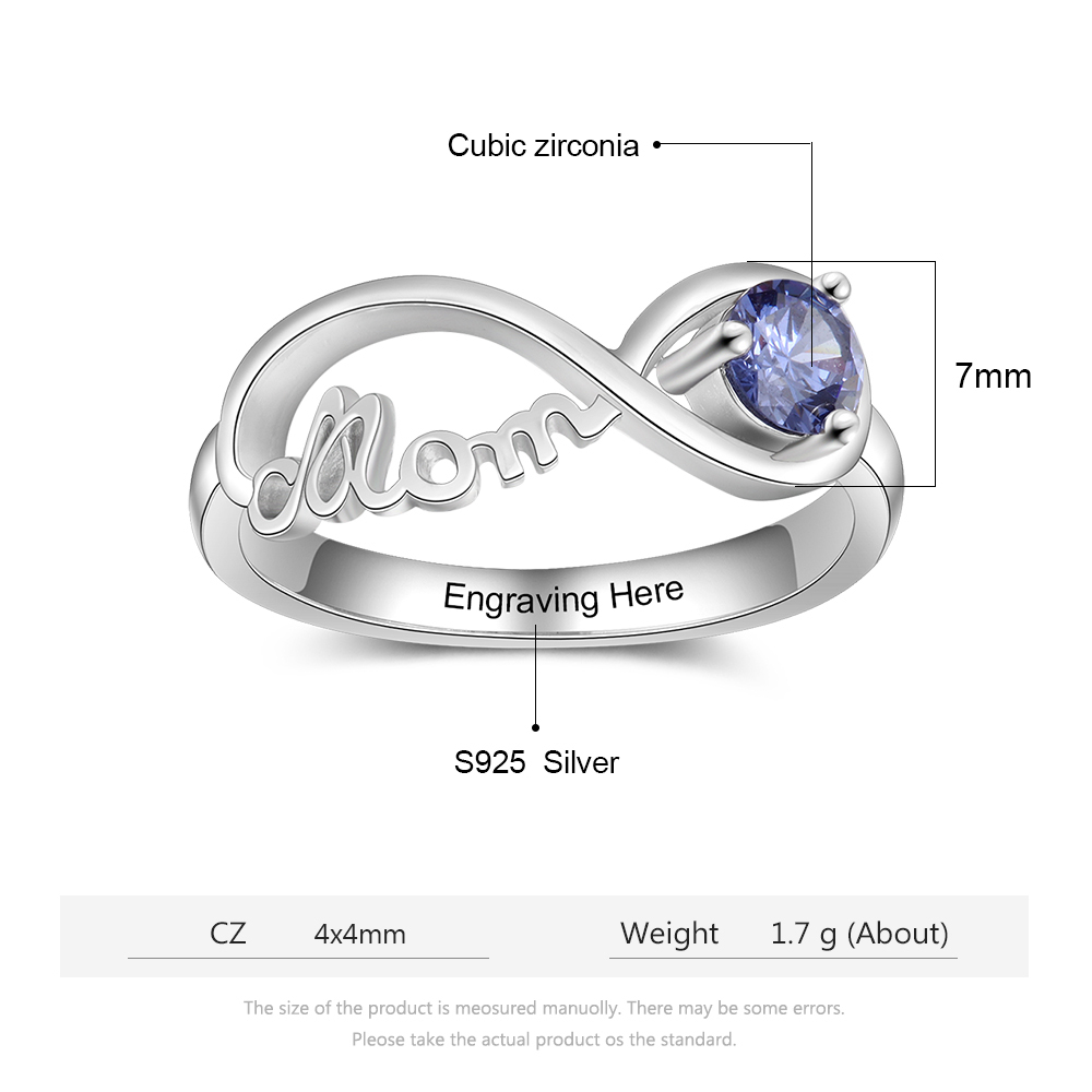 Bague infini MOM avec 1 Pierre de Naissance argent sterling 925