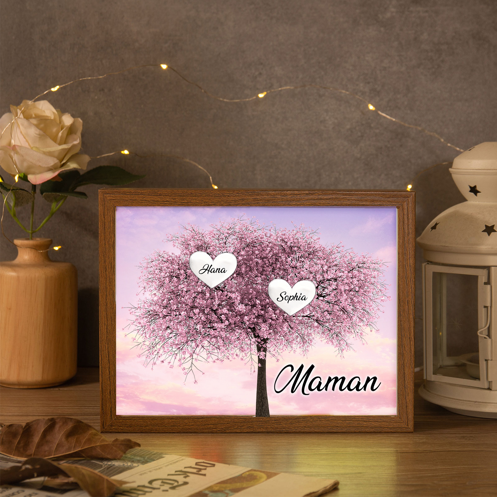 Cadre Photo LED Arbre de Vie 2 Prénoms et 1 Texte Personnalisé Décoration Famille