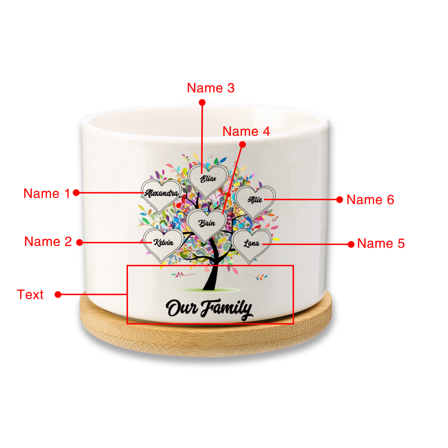 Vase/Pot de Fleurs Arbre 6 Prénoms Personnalisés avec Texte Décoration de la Maison (sans plantes)