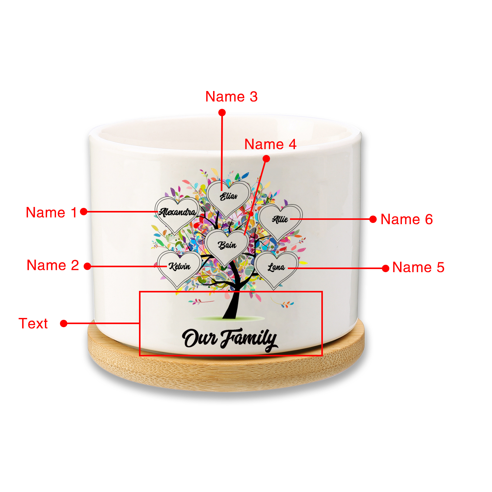 Vase/Pot de Fleurs Arbre 6 Prénoms Personnalisés avec Texte Décoration de la Maison (sans plantes)