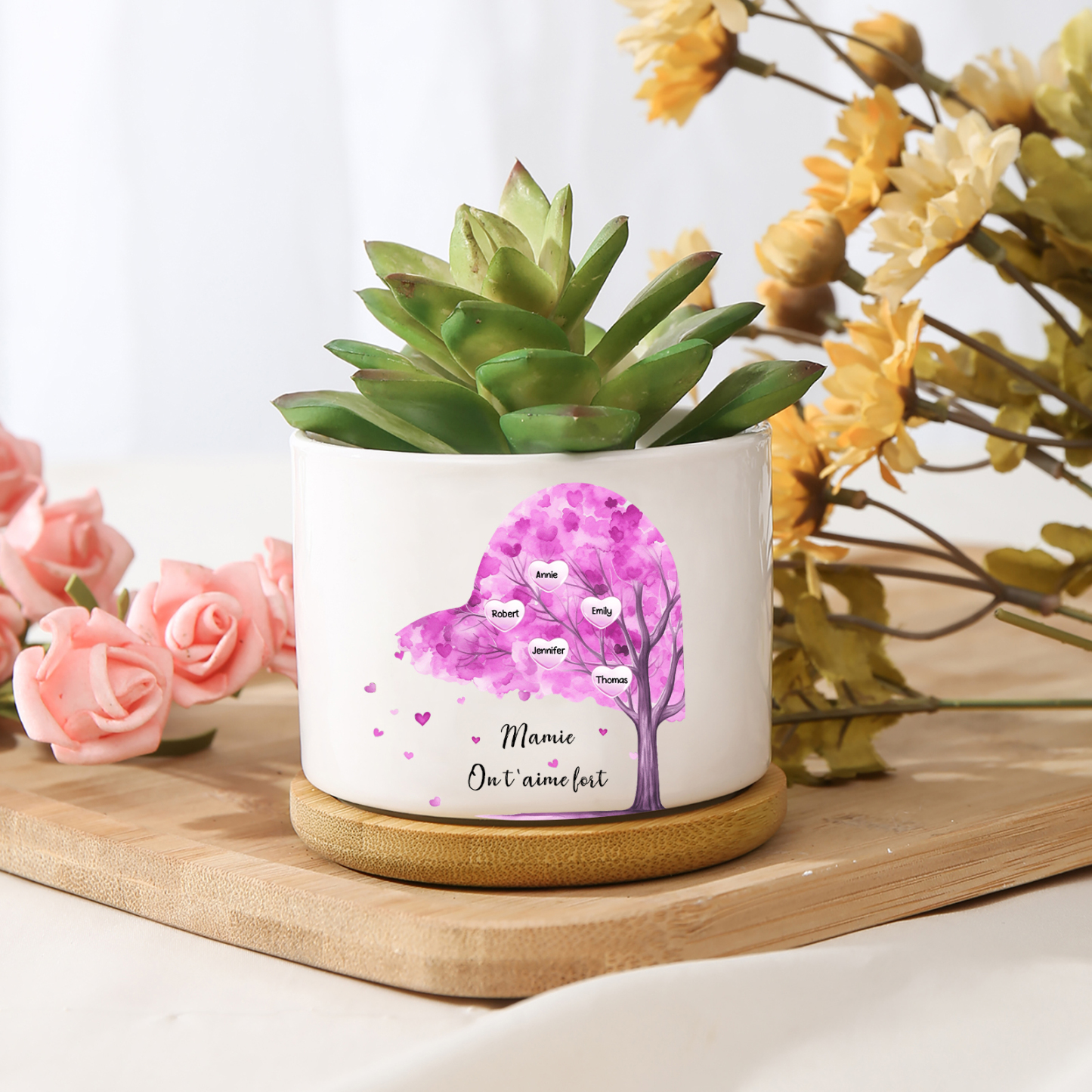 Vase/Pot de Fleurs Arbre 5 Prénoms et 1 Texte Personnalisés Décoration de la Maison (sans plantes)