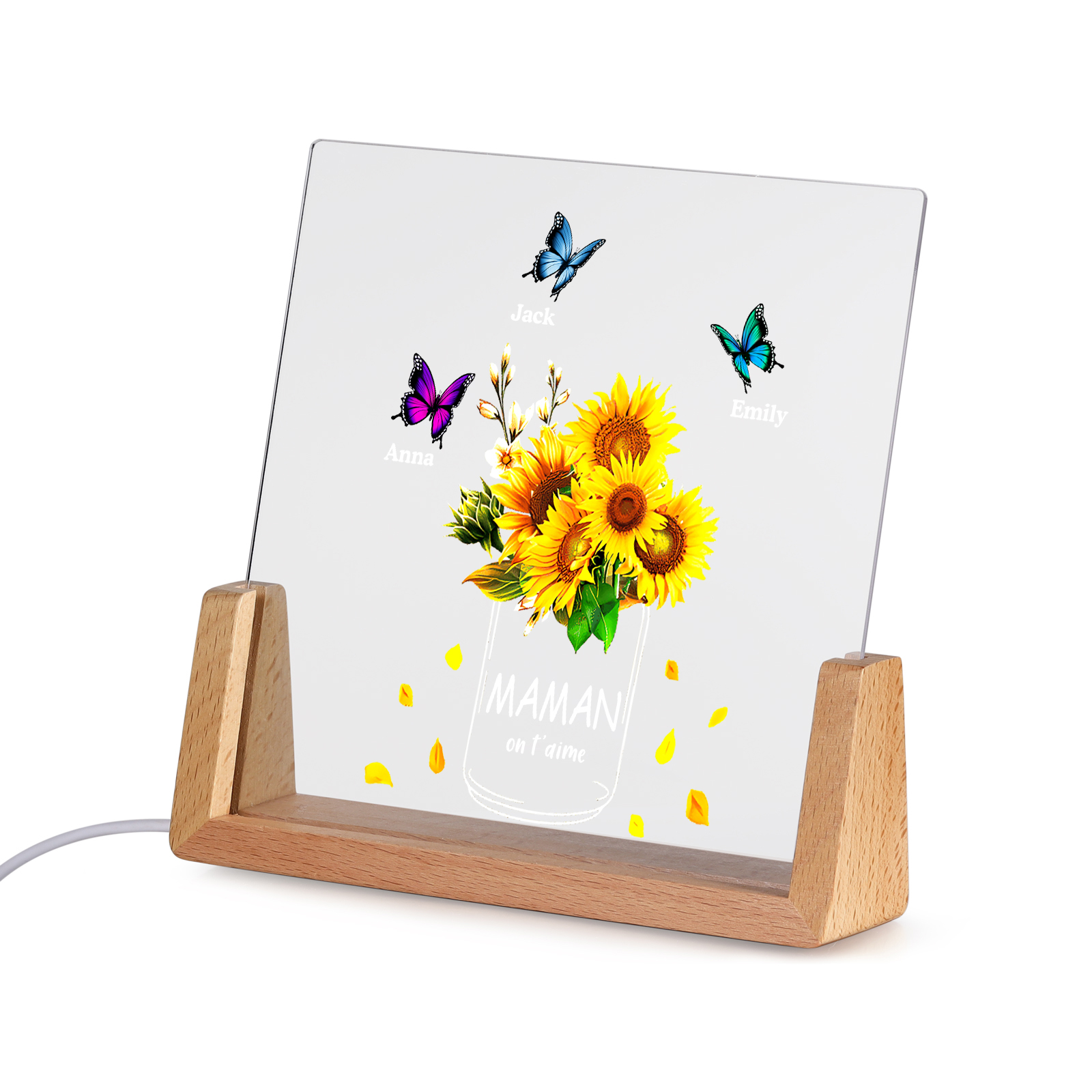 À Maman/Mamie - Lampe de chevet LED Tournesol 3 Prénoms Personnalisés avec 2 Textes pour Famille