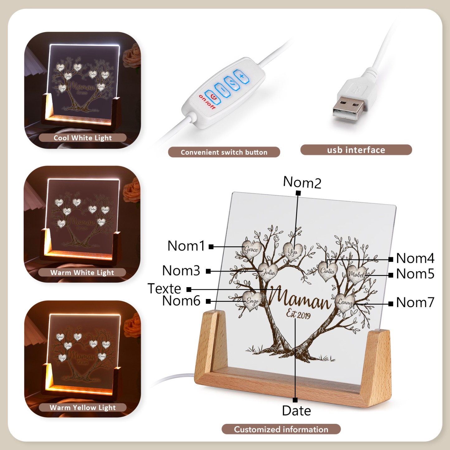 À Maman/Mamie - Lampe de chevet LED Arbre de Vie 7 Prénoms Personnalisés avec Texte et Date pour Famille