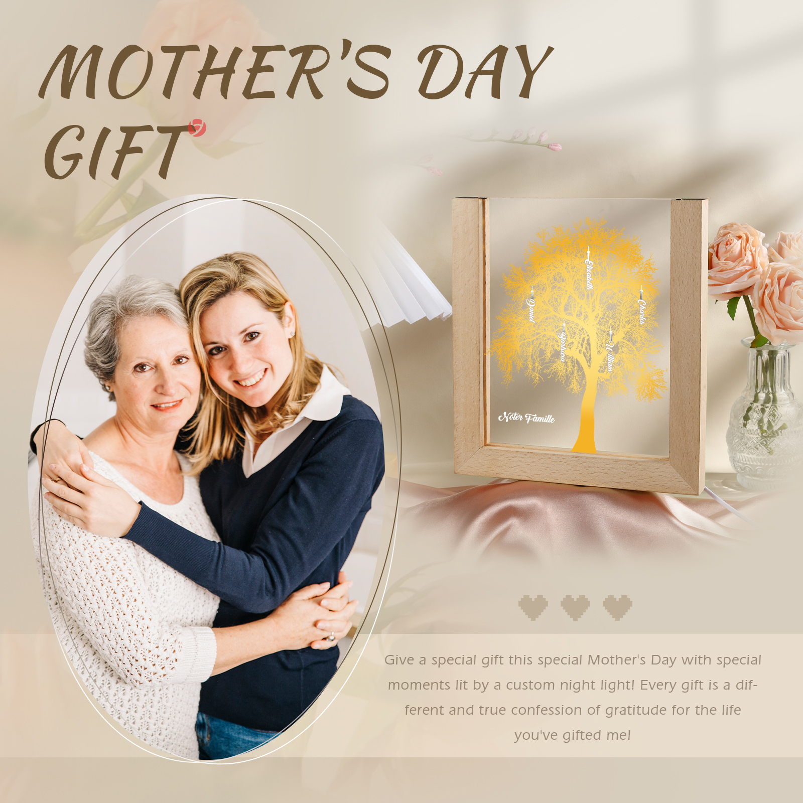 À Maman/Mamie - Lampe de chevet LED Arbre 5 Prénoms Personnalisés avec 1 Texte