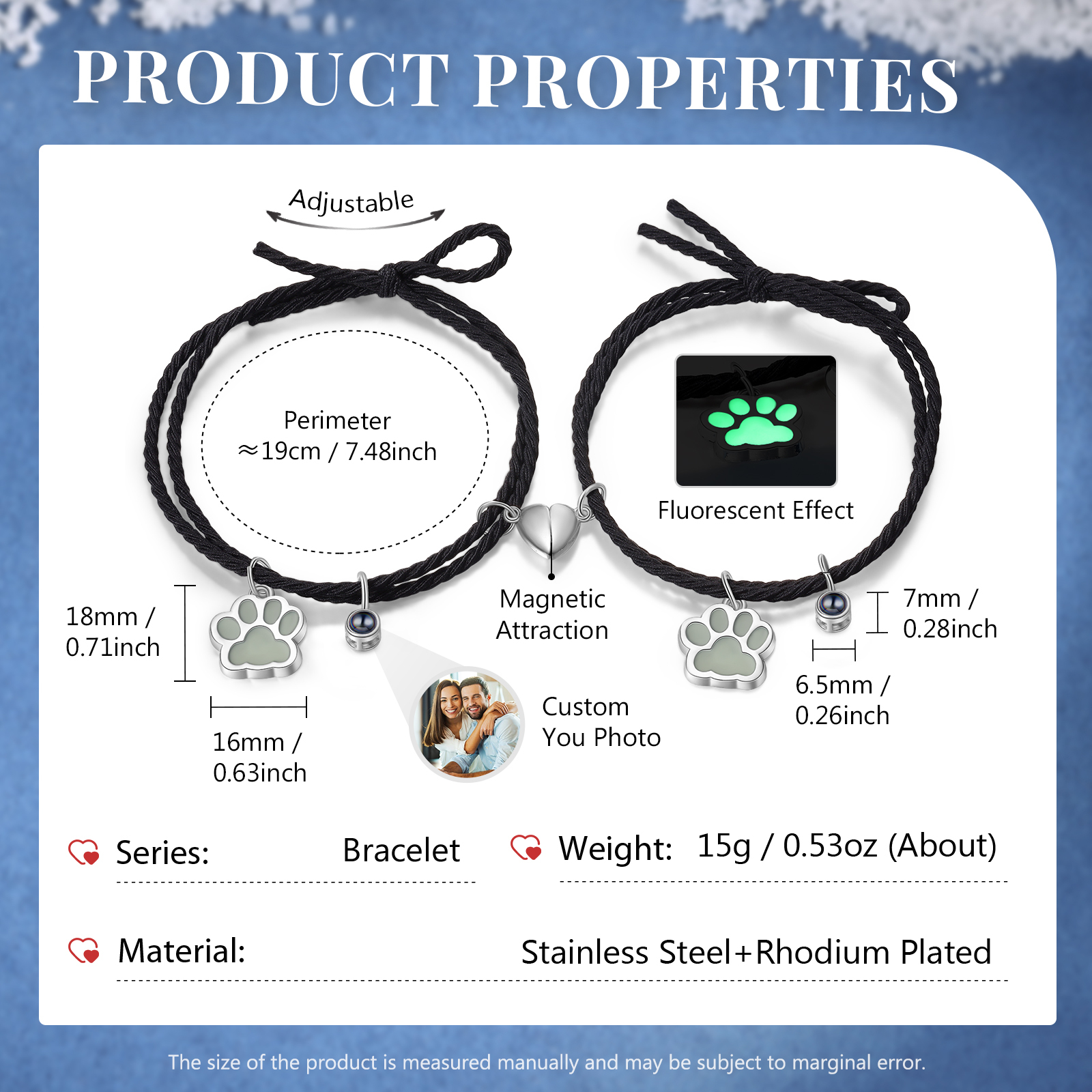 2PCS Bracelets Projection de Pierres Photo Personnalisée pour Couple Bracelet Magnétique Fluorescent