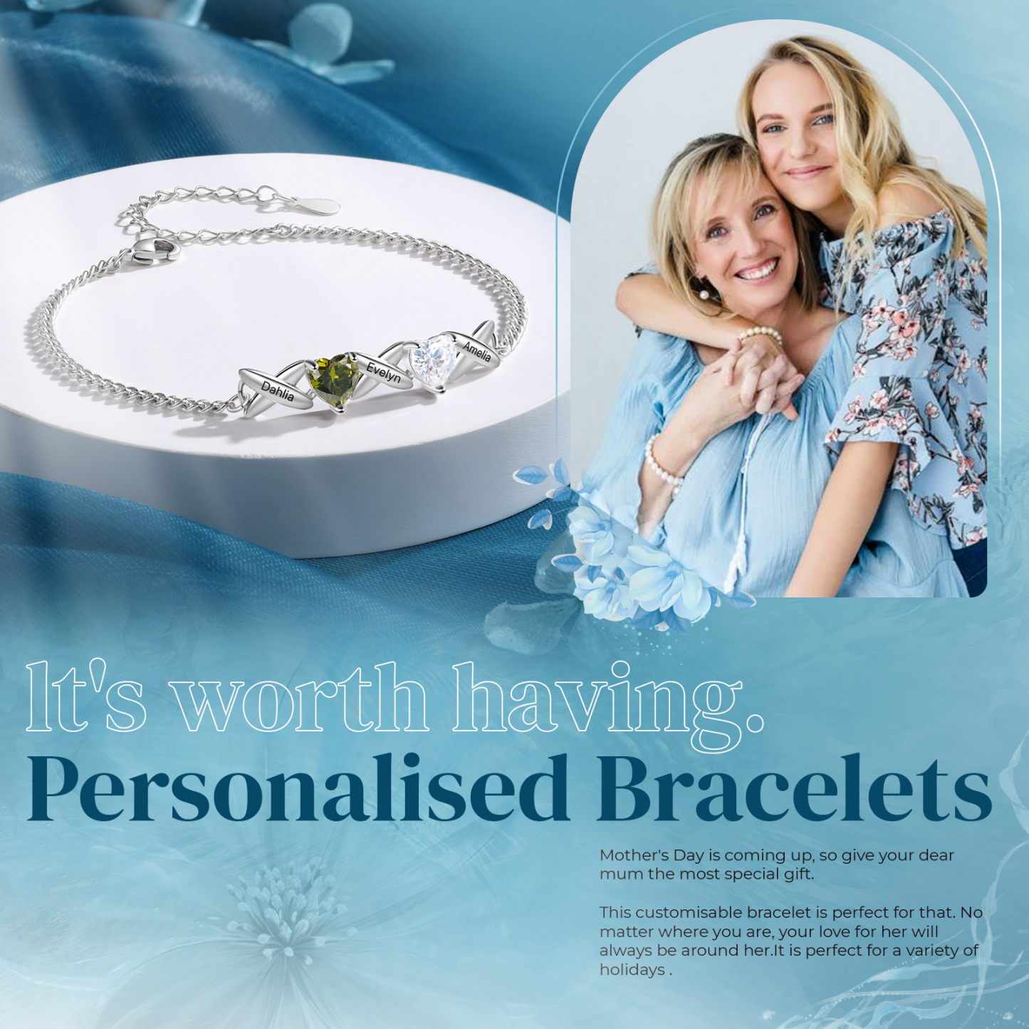 Bracelet Femmes 3 Prénoms Personnalisés avec 2 Pierres de Naissance