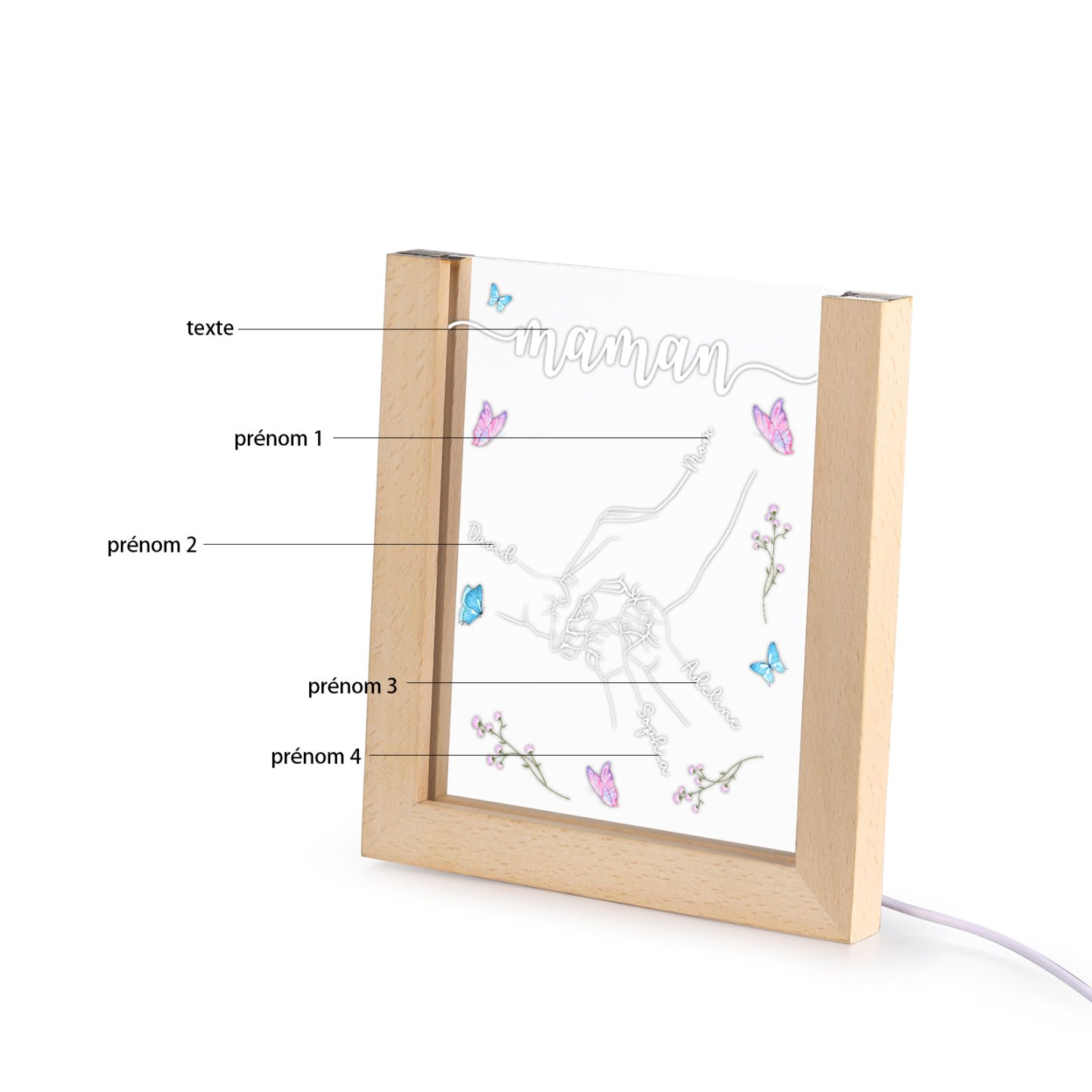 À Maman/Mamie - Lampe de chevet LED la Main dans la Main 4 Prénoms Personnalisés avec 1 Texte