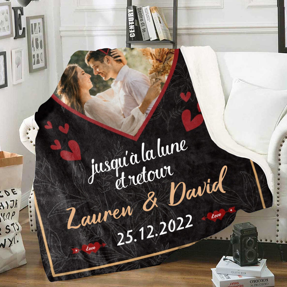 Couverture Plaids Polaire Cœur 2 Prénoms Personnalisés avec Photo et Date pour Couple | Jessemade