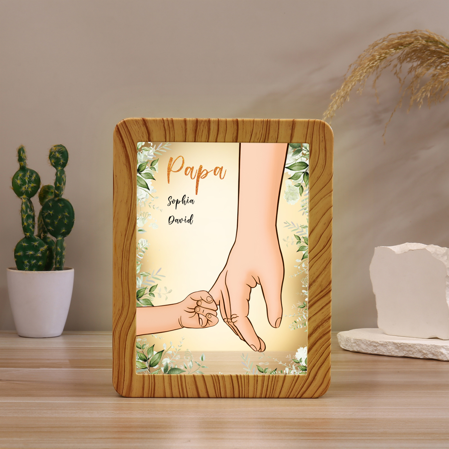 Lampe LED/Cadre Photo/Miroir multifonctionnel la main dans la main 2 Prénoms et 1 Tetxe Personnalisés Cadeau Créatif pour Famille