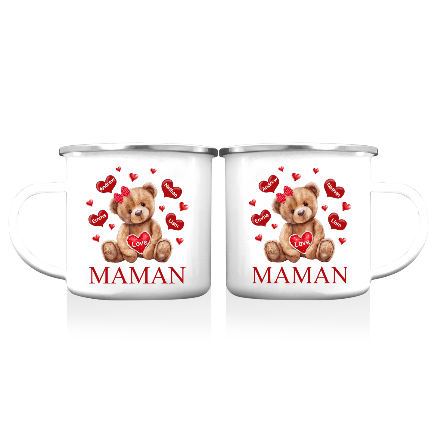 À Maman/Mamie - Tasse émaillée Ours 4 Prénoms Personnalisés
