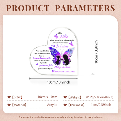 À ma Fille - Plaque Acrylique Papillon en Forme de Cœur 2 Prénoms Personnalisés Maman et Fille