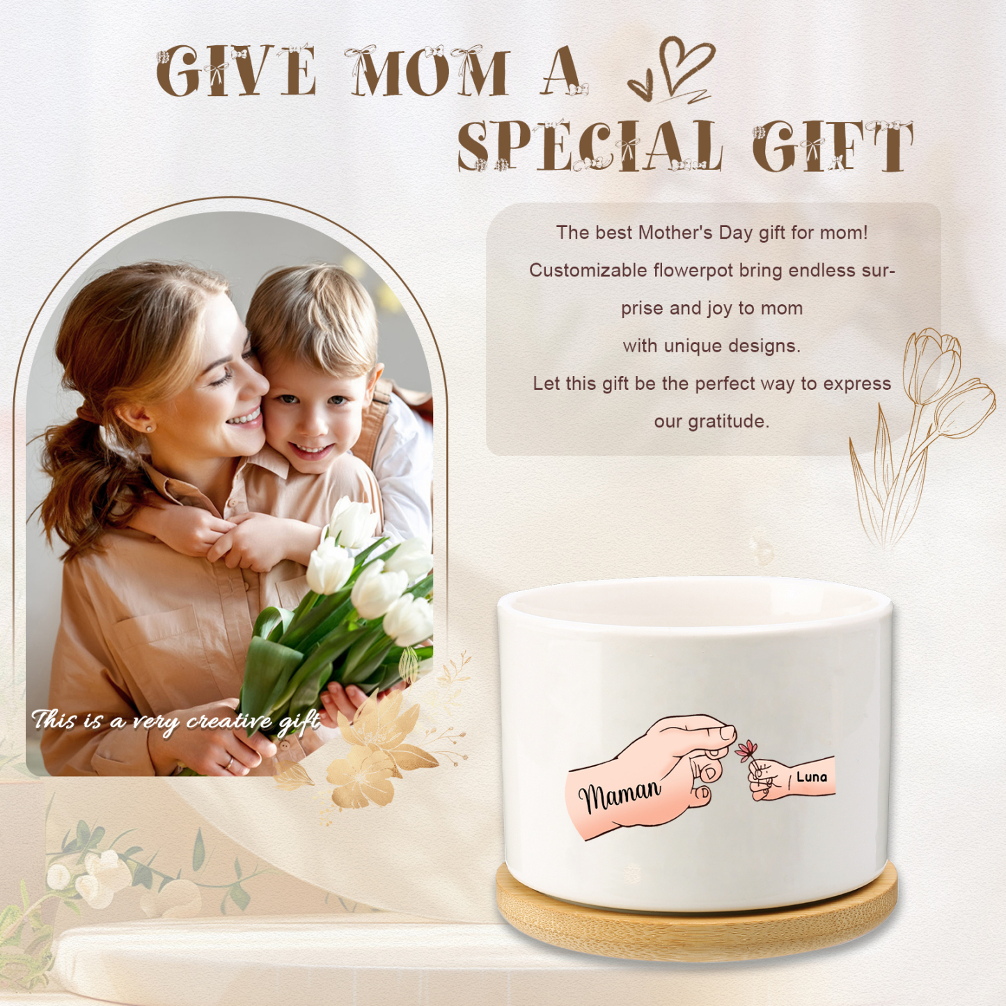Vase/Pot de Fleurs mains et enfants 2 Prénoms Personnalisés Décoration de la Maison (sans plantes)