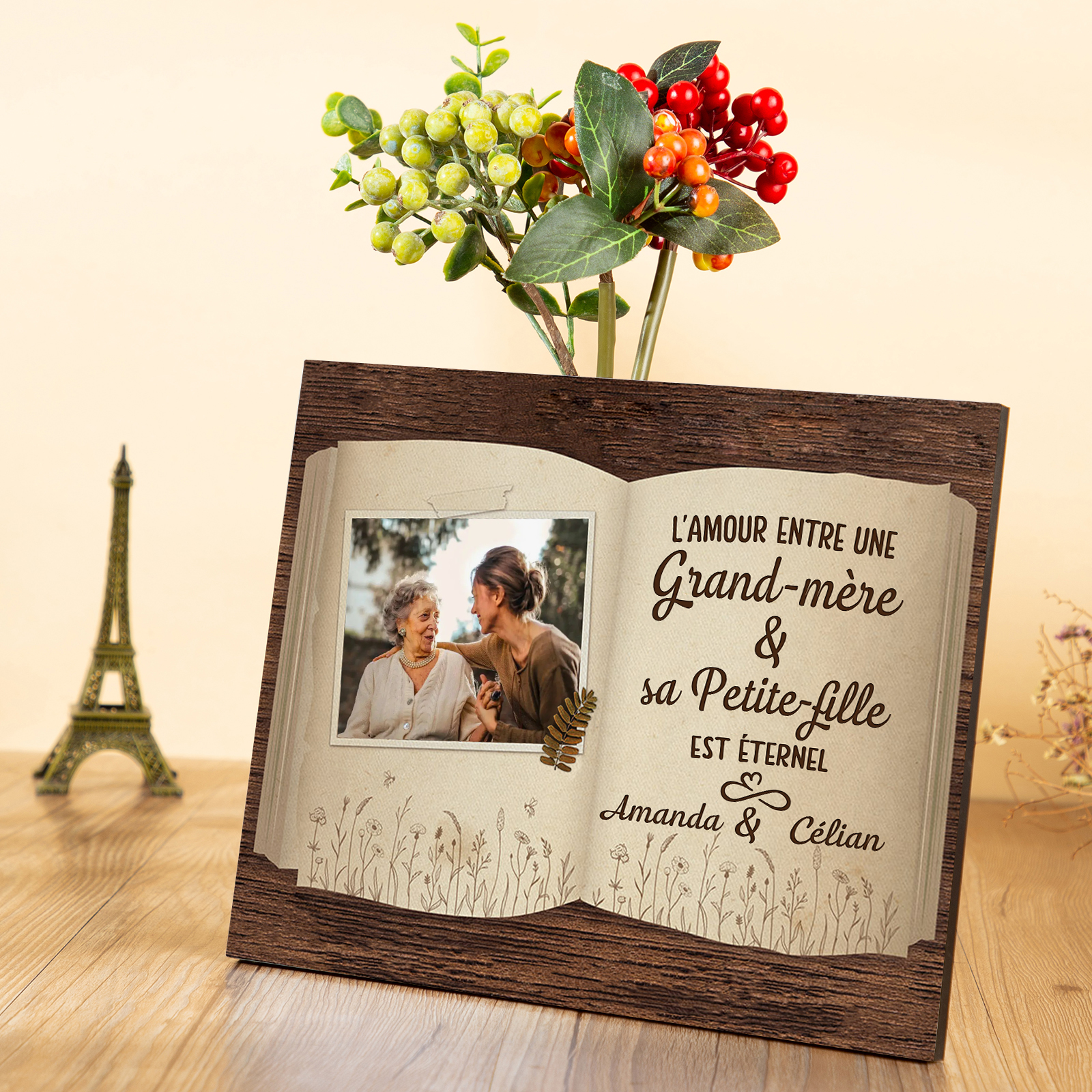 À ma Mamie - Cadre en Bois 2 Prénoms et 1 Photo Personnalisés Cadeau de Petite-fille pour Mamie