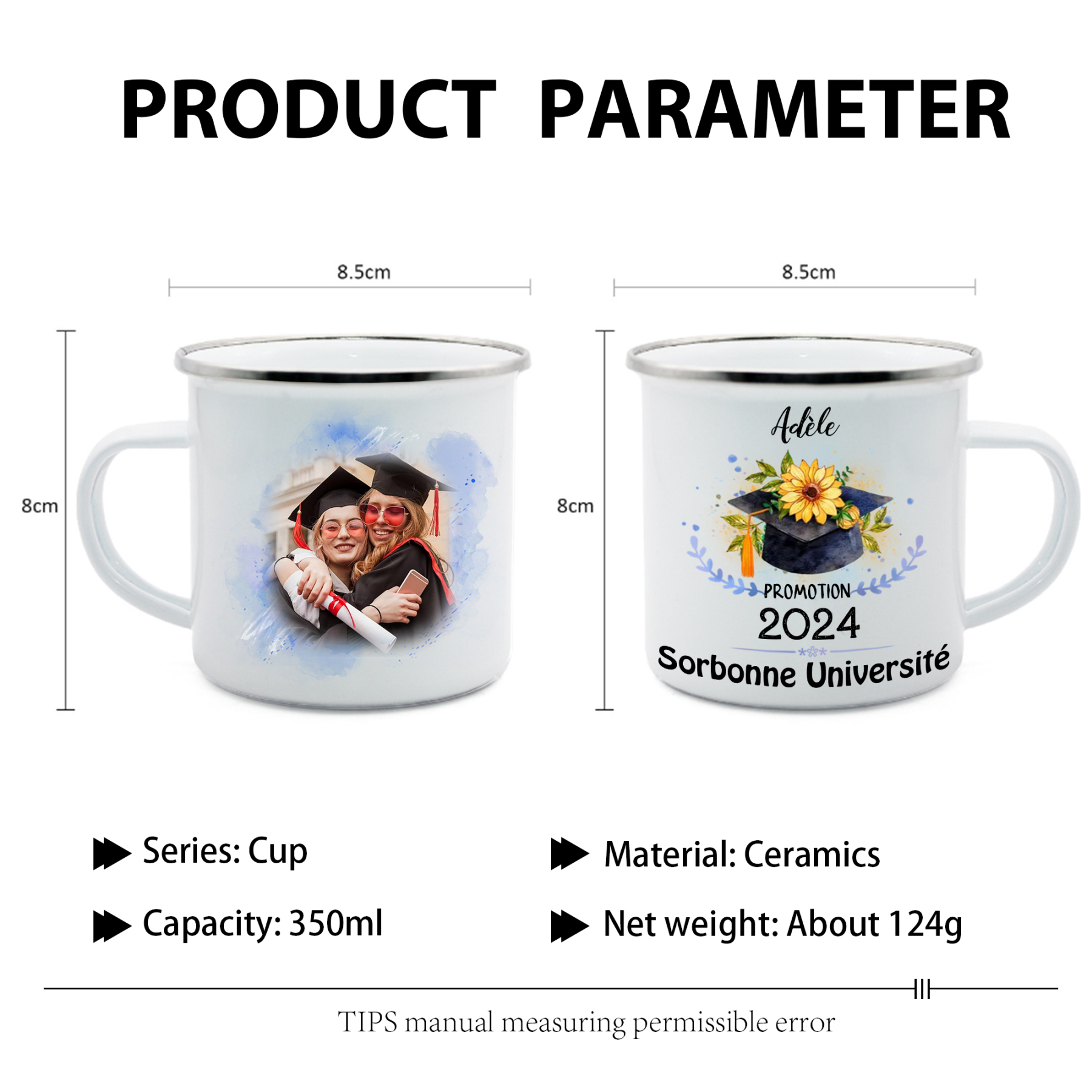 Tasse émaillée Diplômé 1 Prénom et Photo Personnalisés avec Année et Texte Cadeau de remise des diplômes