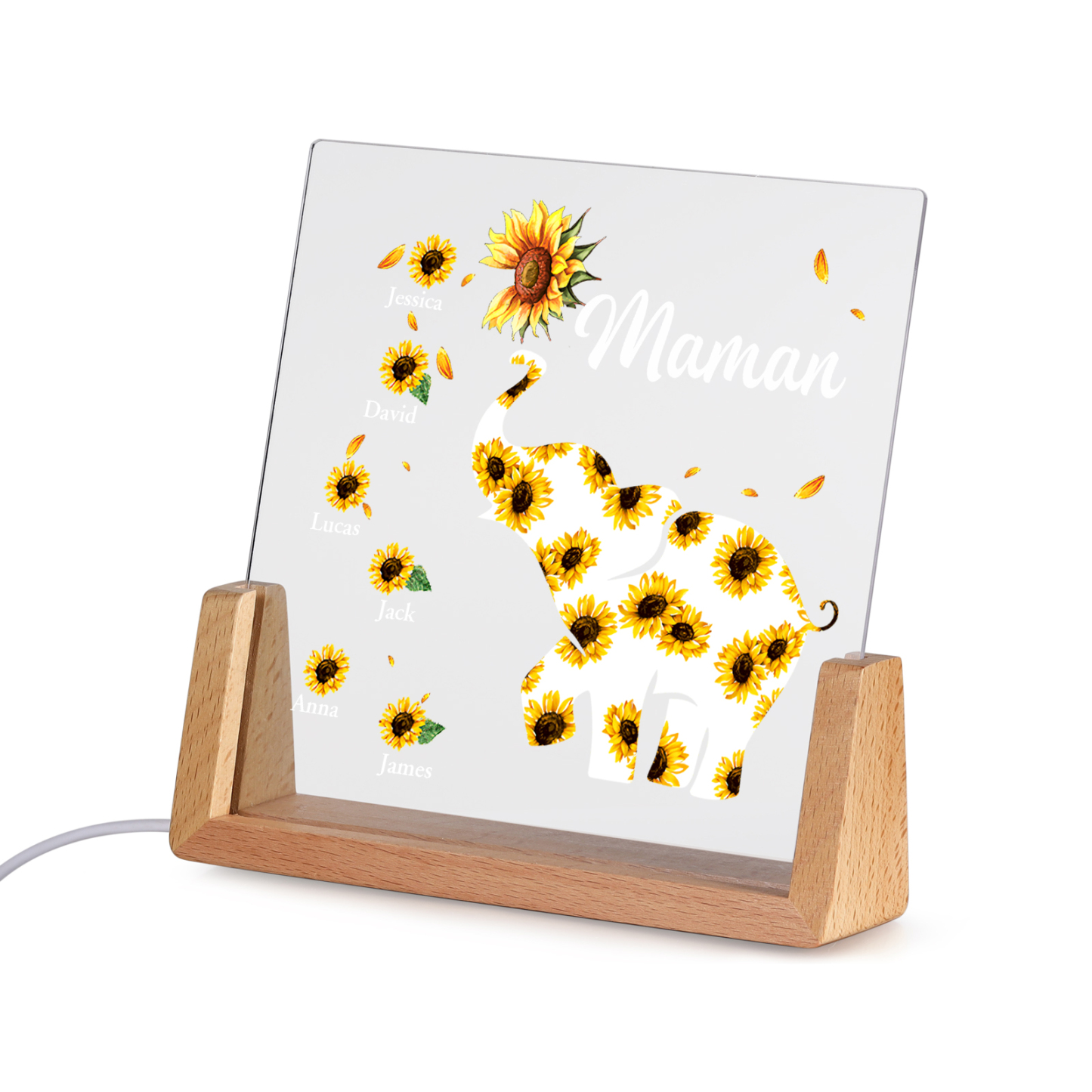 À Maman/Mamie - Lampe de chevet LED Éléphants 6 Prénoms Personnalisés avec Texte