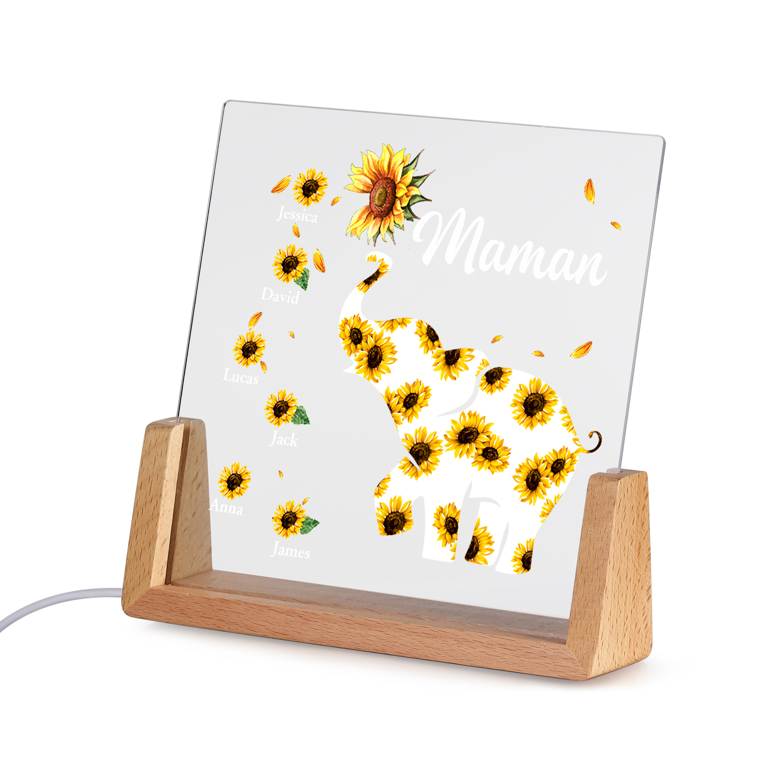 À Maman/Mamie - Lampe de chevet LED Éléphants 6 Prénoms Personnalisés avec Texte
