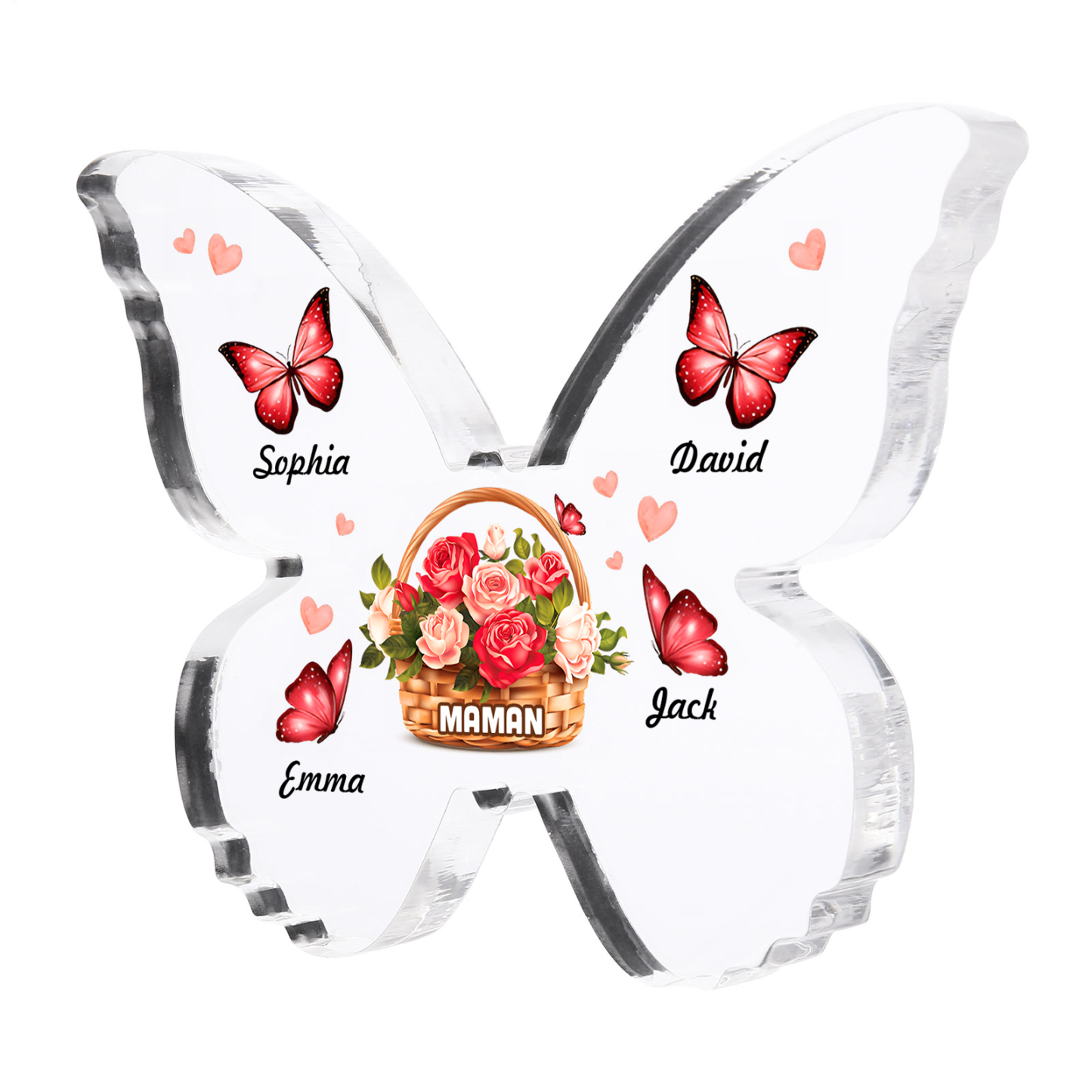 À Maman/Mamie - Plaque Acrylique en forme de Papillon 4 Prénoms et 1 Texte Personnalisés Decoration Fleurs et Papillons