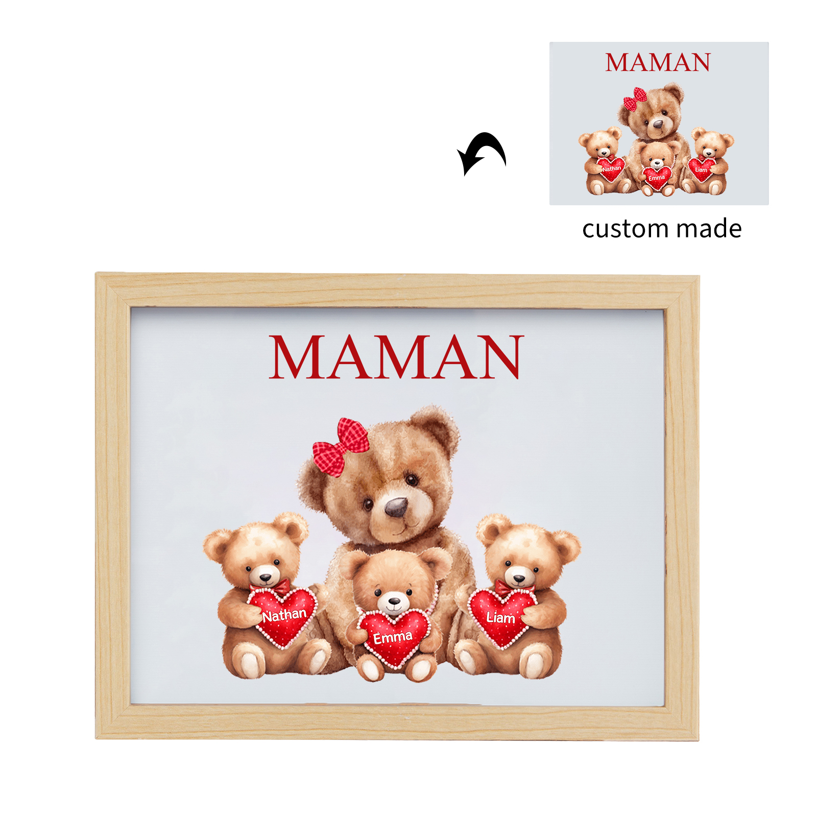 Cadre Photo LED Ours 3 Prénoms Personnalisés avec 1 Texte Décoration Famille