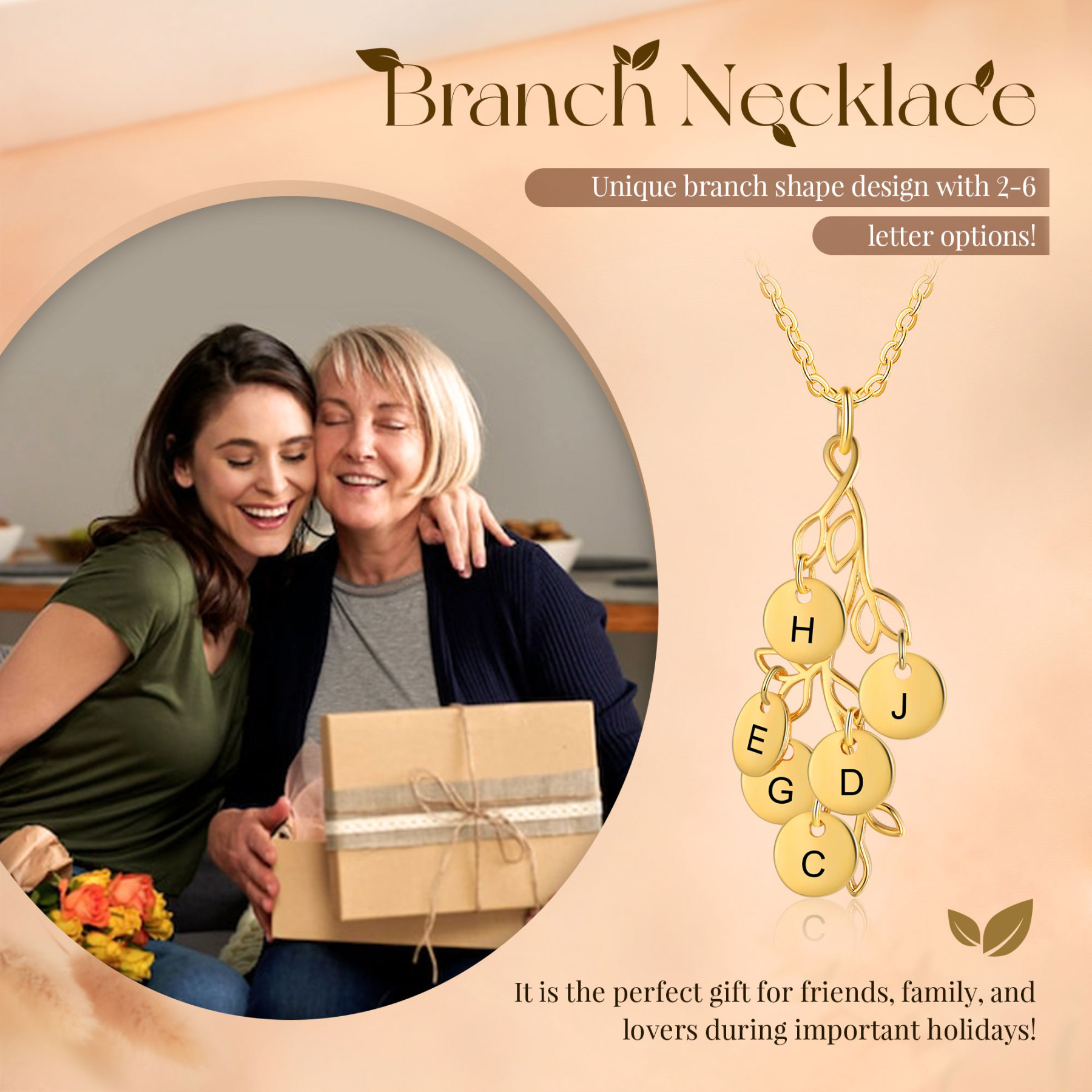 Collier Branches et Feuille 6 Letrres Personnalisés Collier Femmes