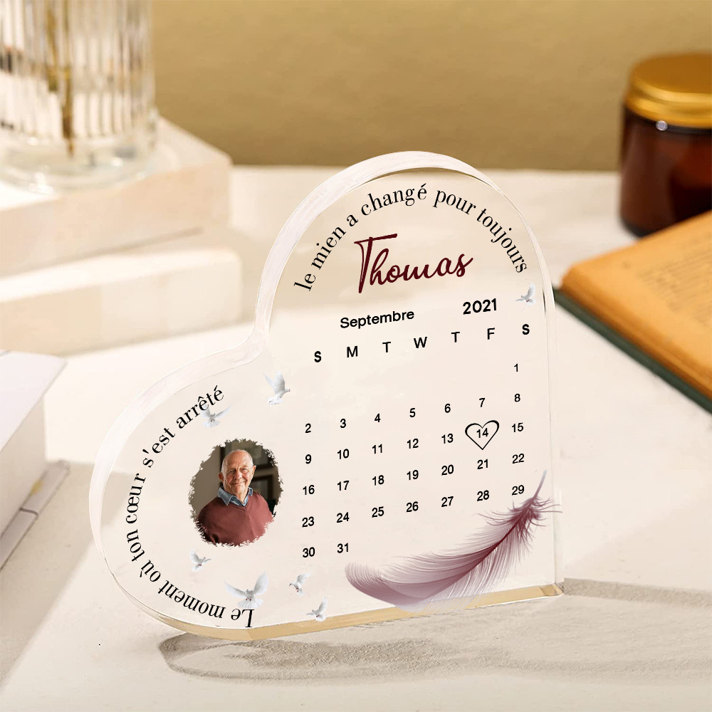 Plaque Acrylique en Forme de Cœur Commémorative 1 Prénom et Date Personnalisés avec Photo