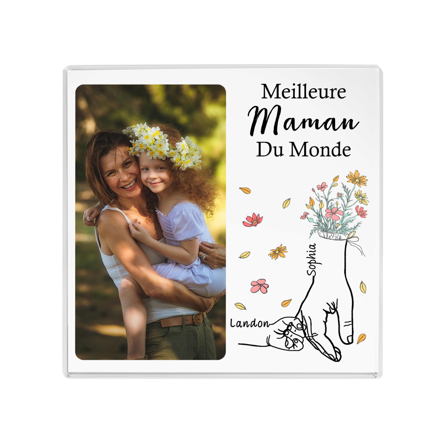 À ma Maman - Plaque Acrylique Carrée la Main dans la Main 2 Prénoms Personnalisés avec Photo