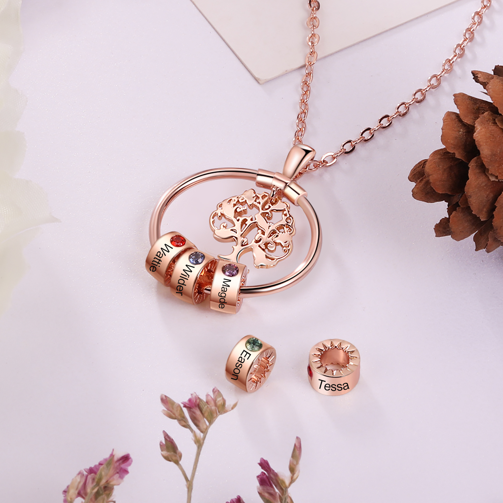 Collier Pendentif Arbre de vie Arbre généalogique 4 Prénoms Personnalisés avec Pierre de Naissance