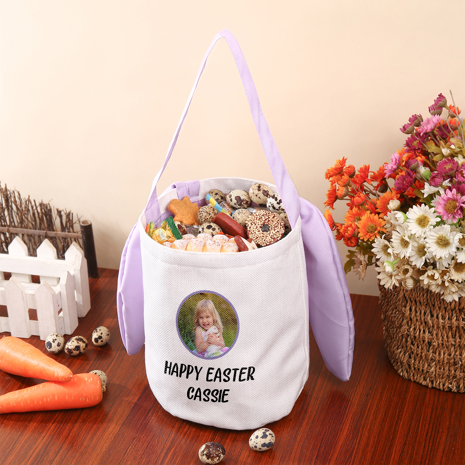 Sac de Pâques Lapin 1 Prénom et Photo Personnalisés avec Texte Tote Bag Enfant