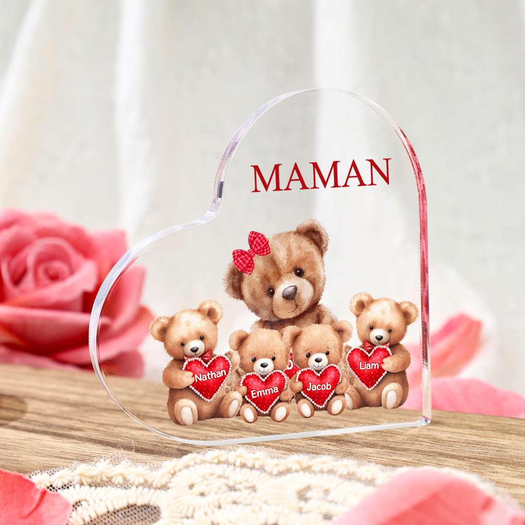 À ma Maman/Mamie - Plaque Acrylique Ours en Forme de Cœur 4 Prénoms Personnalisés avec 1 Texte