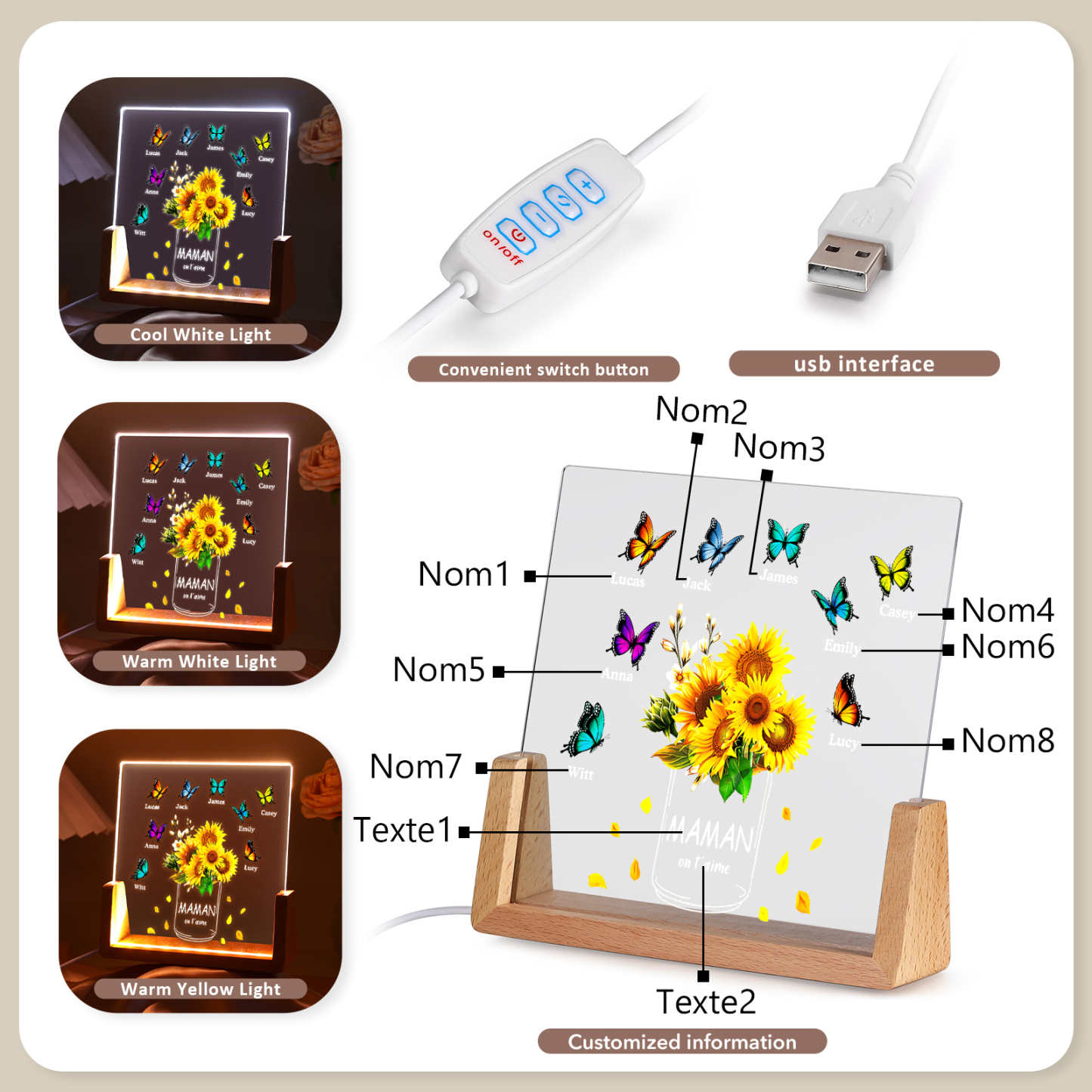 À Maman/Mamie - Lampe de chevet LED Tournesol 8 Prénoms Personnalisés avec 2 Textes pour Famille