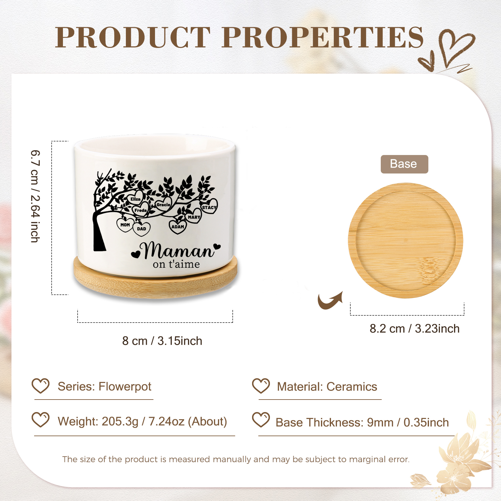 Vase/Pot de Fleurs Arbre de vie 8 Prénoms Personnalisés avec Texte Décoration de la Maison (sans plantes)